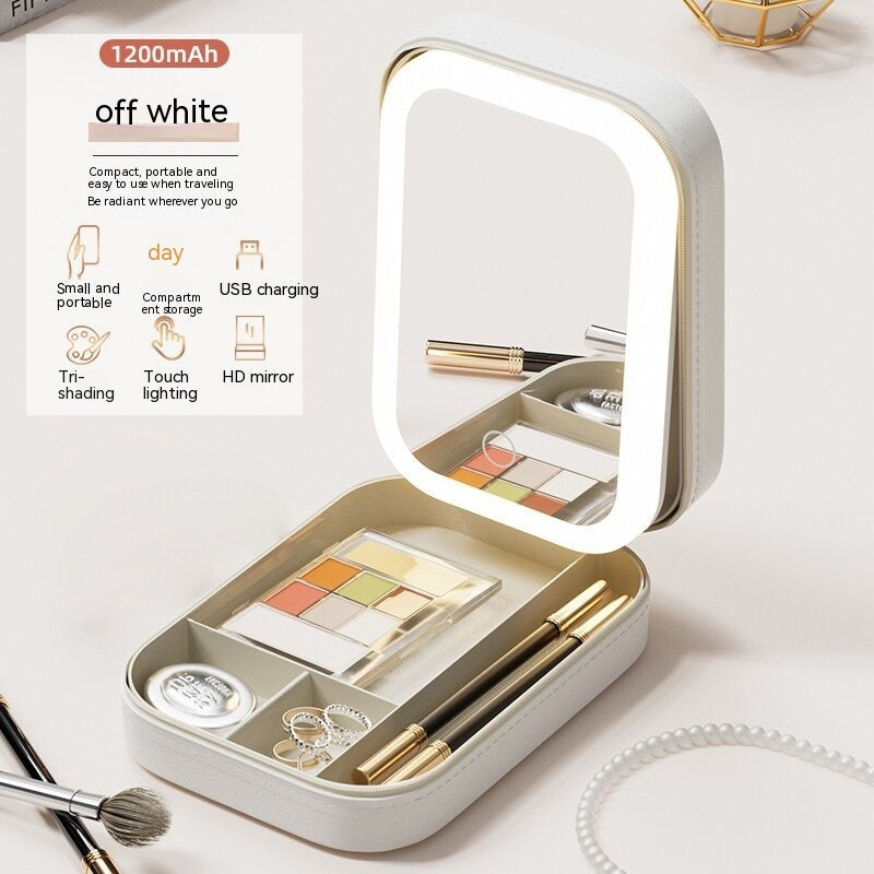Portable Light Mirror with Makeup Storage Box, Touch Light Makeup Organizer