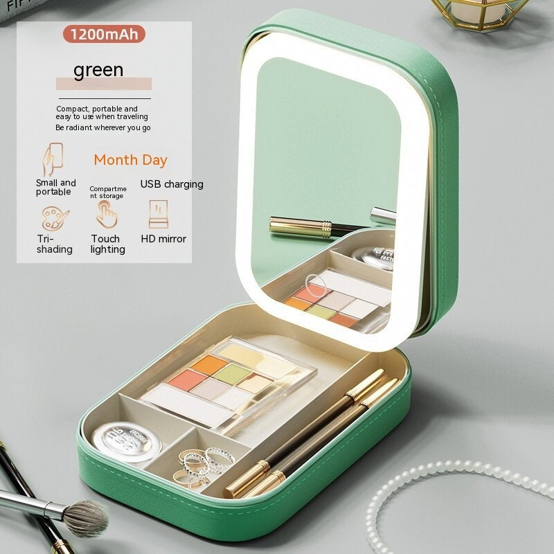 Portable Light Mirror with Makeup Storage Box, Touch Light Makeup Organizer