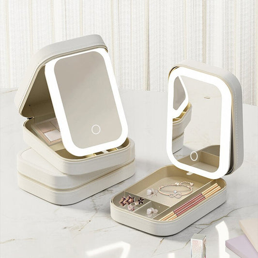 Portable Light Mirror with Makeup Storage Box, Touch Light Makeup Organizer