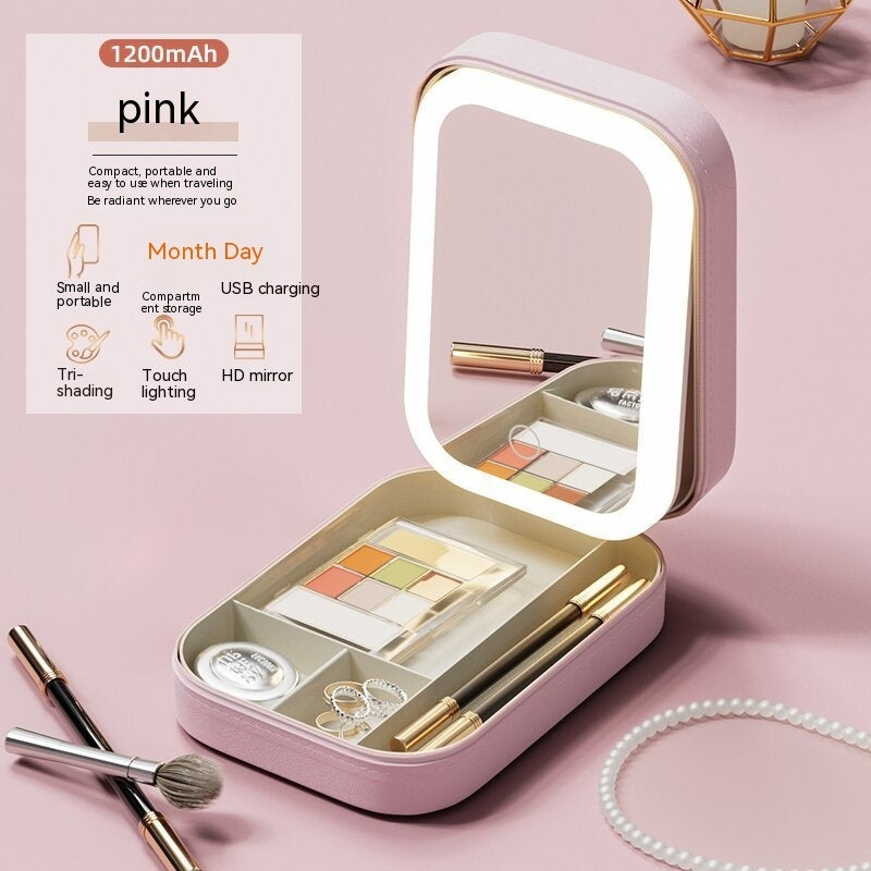 Portable Light Mirror with Makeup Storage Box, Touch Light Makeup Organizer