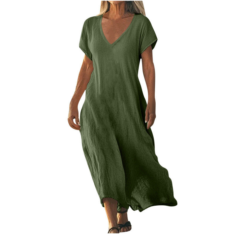 Cotton Linen V-neck Short Sleeve Loose Dress Women's Clothing